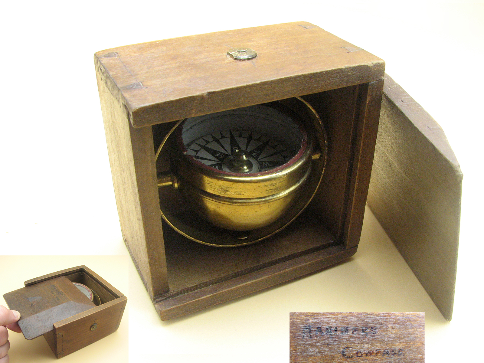 19th century ships gimbal mounted compass in mahogany case